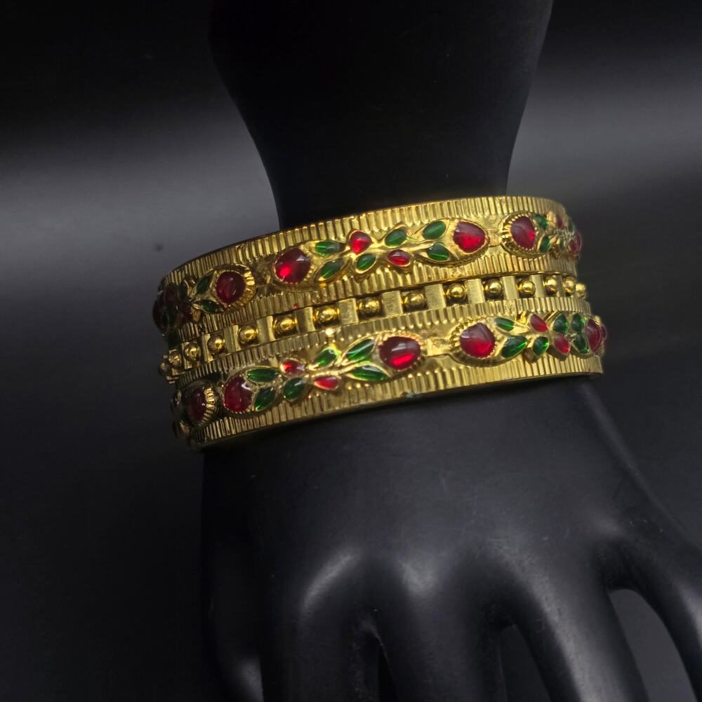Red Green Gold Tone Bangle Bracelet Set of Three Enamel Bollywood Indian